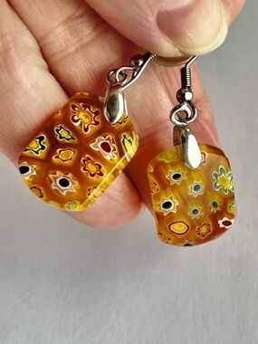 Earrings, millefiori yellow glass silver tone wire (EUC) - jewelry